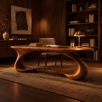 Oval top desk on one continuous ribbon loop base with an open center in an evening home office with walnut wall paneling