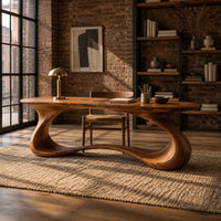 Oval top desk on one continuous ribbon loop base with an open center in an industrial loft home office with exposed brick