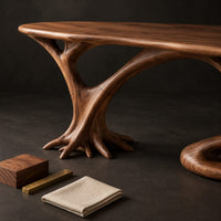 Corner detail of oval top desk on branching legs with a low loop tier beside wood, brass and linen samples