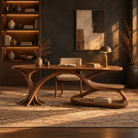 Oval top desk on branching legs with a low loop tier in a dark home office at golden hour