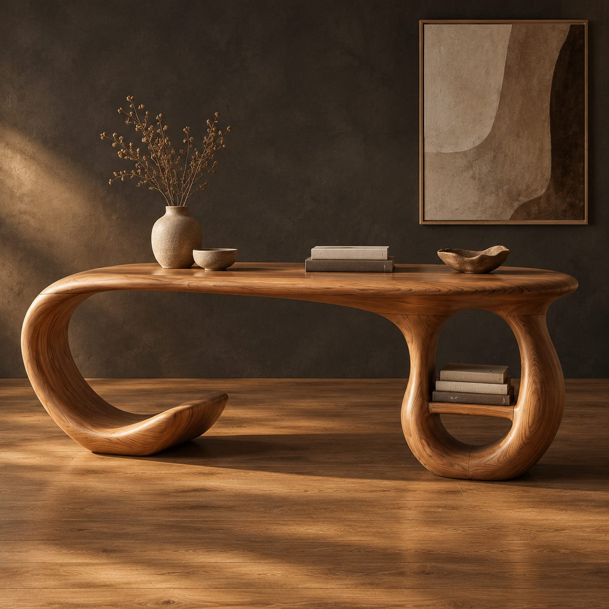 Oval top wooden desk with an open sweeping leg and a ring shaped base in a dark studio against a charcoal plaster wall