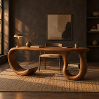 Oval top wooden desk with an open sweeping leg and a ring shaped base in a dark home office at golden hour