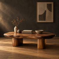 Pebble shaped coffee table with a smooth organic top and two thick column legs in a dark studio against a charcoal plaster wall