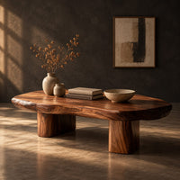 Pebble shaped coffee table with a smooth organic top and two thick column legs, three-quarter view showing the grain