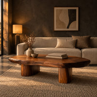 Pebble shaped coffee table with a smooth organic top and two thick column legs in a dark living room at golden hour