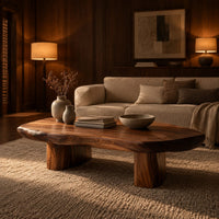 Pebble shaped coffee table with a smooth organic top and two thick column legs in an evening living room with walnut wall paneling