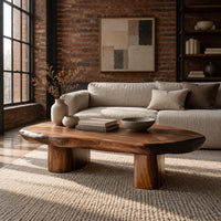 Pebble shaped coffee table with a smooth organic top and two thick column legs in an industrial loft living room with exposed brick