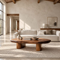 Pebble shaped coffee table with a smooth organic top and two thick column legs in a bright open plan living room
