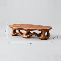 Pebble Shaped Coffee Table With Wavy Cutout Base dimension diagram with width, height and depth