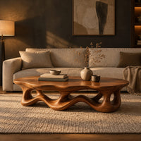 Low oval coffee table with a wavy base cut through by irregular openings in a dark living room at golden hour