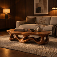 Low oval coffee table with a wavy base cut through by irregular openings in an evening living room with walnut wall paneling