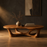 Pebble shaped coffee table on branching legs with open arches in a dark studio against a charcoal plaster wall