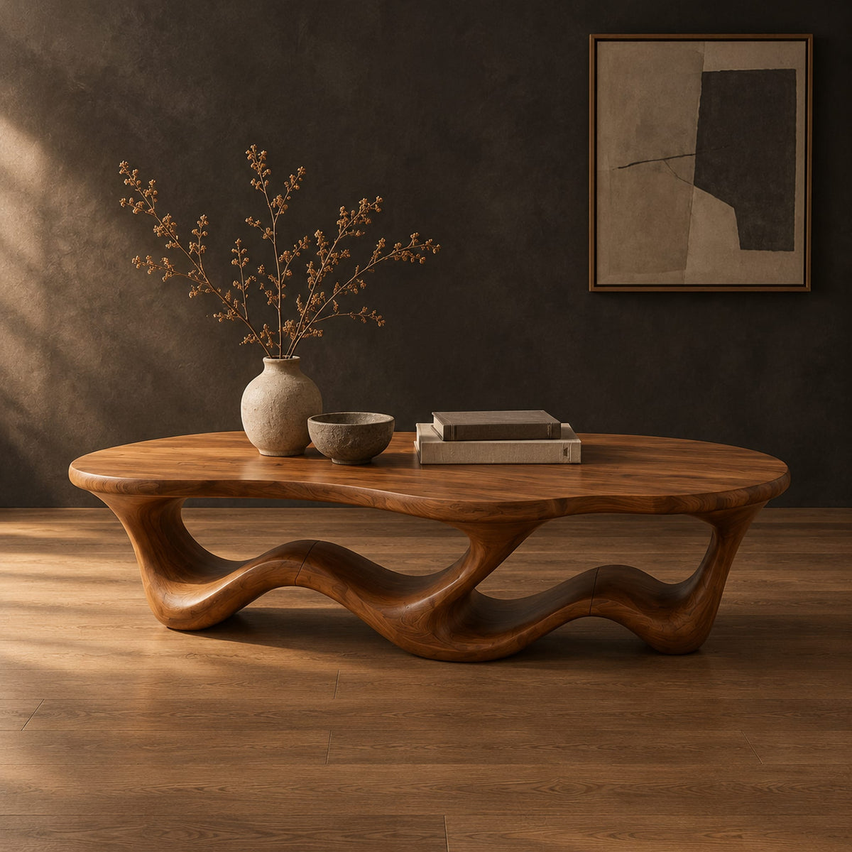 Pebble shaped coffee table with a rippling open ribbon base in a dark studio against a charcoal plaster wall