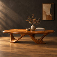 Pebble shaped coffee table with sweeping arched legs in a dark studio against a charcoal plaster wall