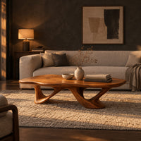Pebble shaped coffee table with sweeping arched legs in a dark living room at golden hour