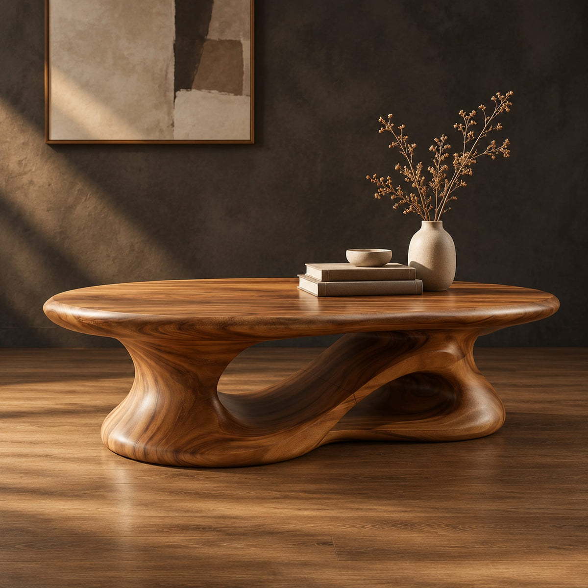 Oval coffee table on a heavy pedestal with a swirling hollow in a dark studio against a charcoal plaster wall