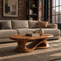 Oval coffee table on a heavy pedestal with a swirling hollow in an industrial loft living room with exposed brick