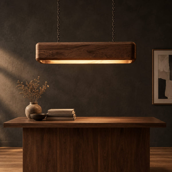 Pendant Light With A Solid Wood Beam Body And Warm Glow Below