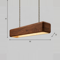 Pendant Light With A Solid Wood Beam Body And Warm Glow Below dimension diagram with width, height and depth