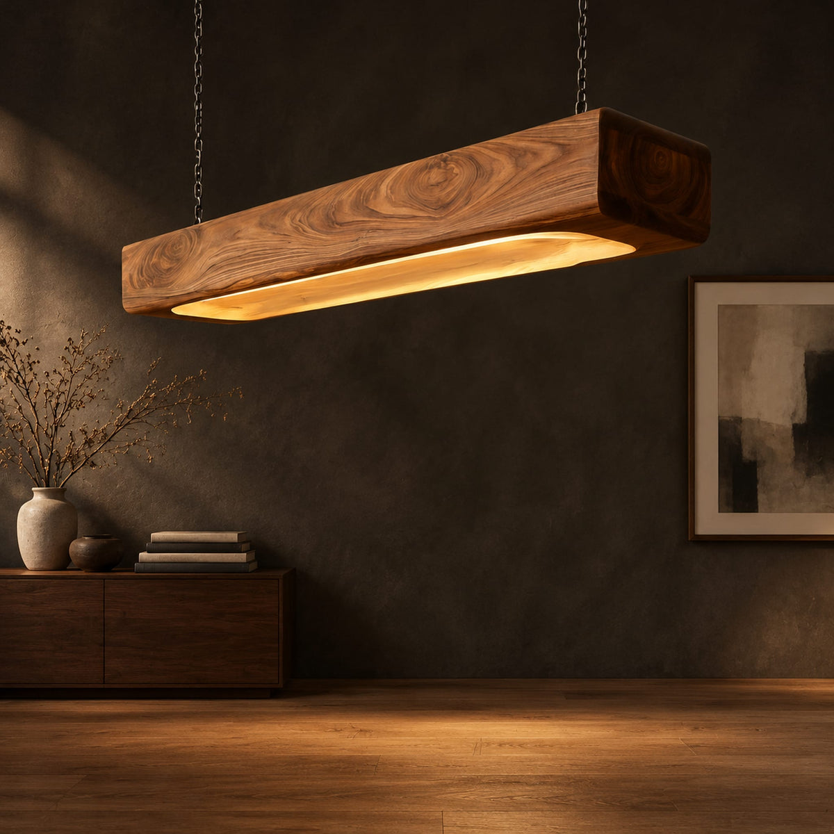 Pendant light shaped as a long wood beam with a warm glowing underside in a dark studio against a charcoal plaster wall