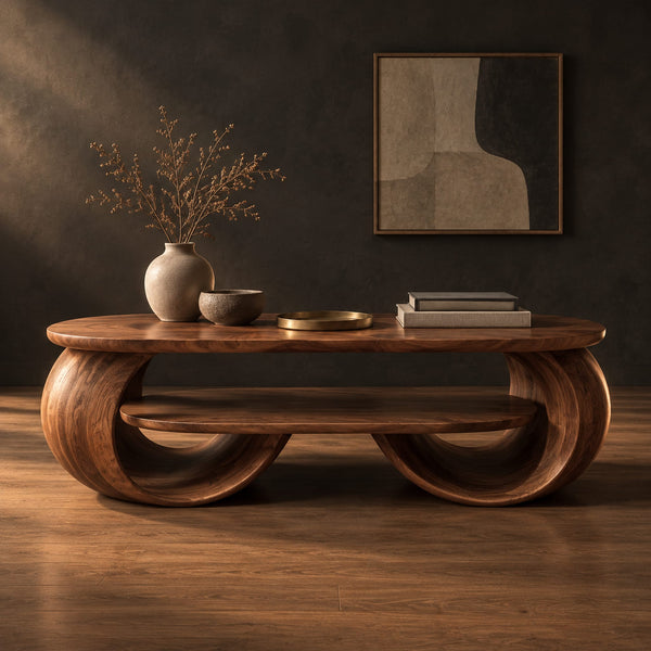 Pill Shaped Coffee Table With Two Arch Legs And Low Shelf