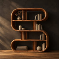 Pill shaped loop bookshelf with slatted dividers and open shelves in a dark studio against a charcoal plaster wall