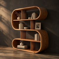 Pill shaped loop bookshelf with slatted dividers and open shelves, three-quarter view showing the grain