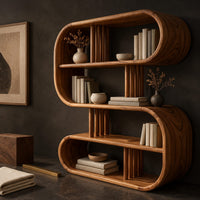 Corner detail of pill shaped loop bookshelf with slatted dividers and open shelves beside wood, brass and linen samples