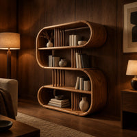 Pill shaped loop bookshelf with slatted dividers and open shelves in an evening living room with walnut wall paneling