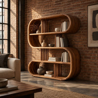 Pill shaped loop bookshelf with slatted dividers and open shelves in an industrial loft living room with exposed brick