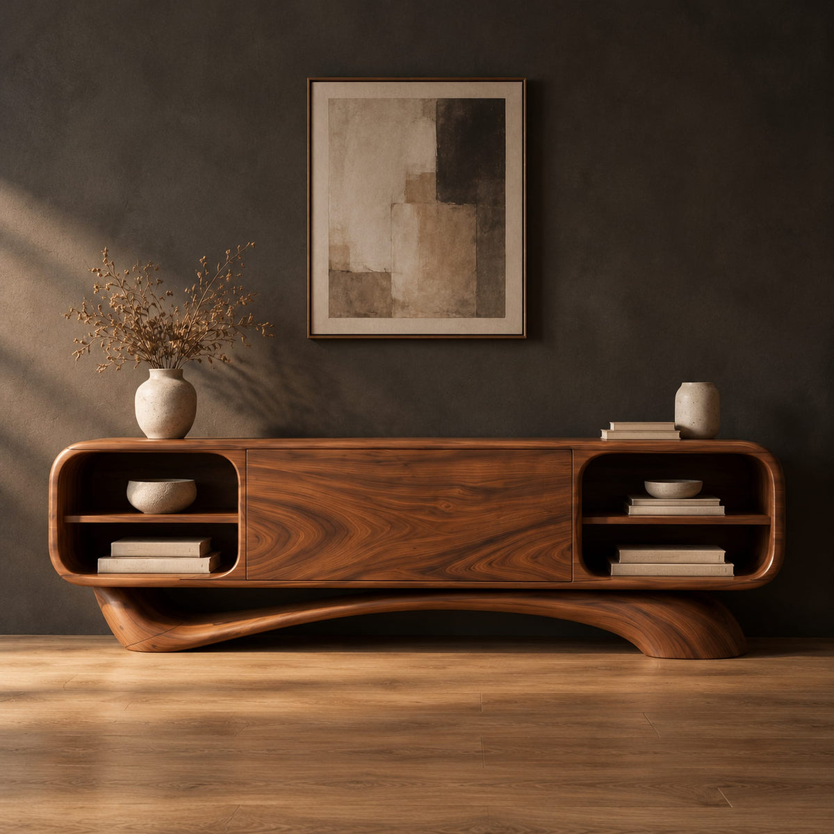 Low pill shaped media cabinet with open end shelves on a sweeping wave base in a dark studio against a charcoal plaster wall