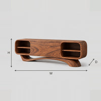Pill Shaped TV Stand With Open End Shelves On A Wave Base dimension diagram with width, height and depth