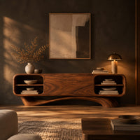 Low pill shaped media cabinet with open end shelves on a sweeping wave base in a dark living room at golden hour