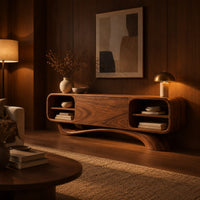 Low pill shaped media cabinet with open end shelves on a sweeping wave base in an evening living room with walnut wall paneling