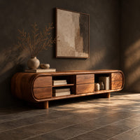 Pill shaped tv stand with open shelf bays and panel fronts, three-quarter view showing the grain