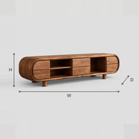 Pill Shaped TV Stand With Open Shelf Bays And Slim Peg Legs dimension diagram with width, height and depth