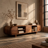 Pill shaped tv stand with open shelf bays and panel fronts in an industrial loft living room with exposed brick
