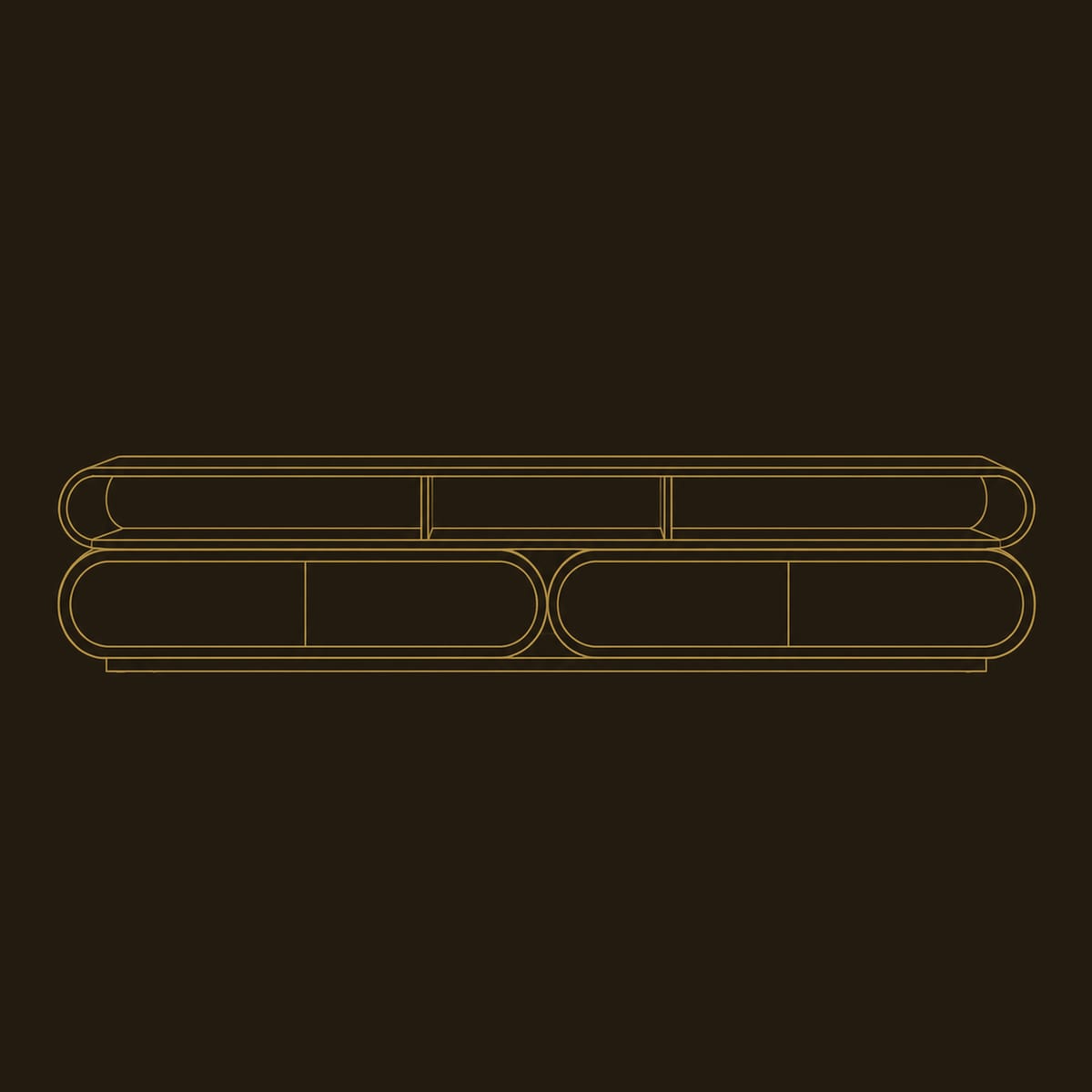 Pill Shaped TV Stand With Three Open Bays And Two Capsule Cabinets dimension diagram