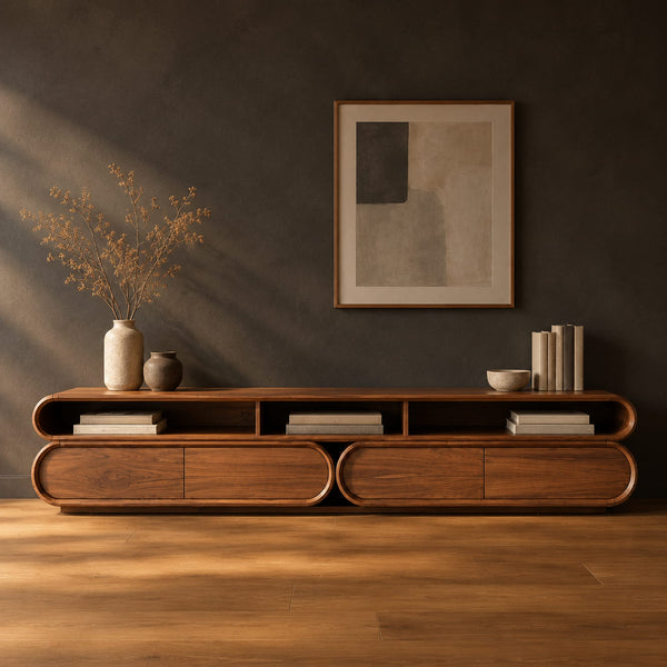Pill Shaped TV Stand With Three Open Bays And Two Capsule Cabinets