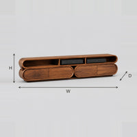 Pill Shaped TV Stand With Three Open Bays And Two Capsule Cabinets dimension diagram with width, height and depth