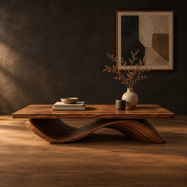 Plank Top Coffee Table On A Single Rolling Wave Base