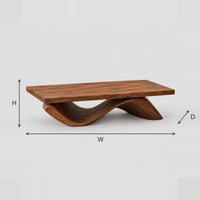 Plank Top Coffee Table On A Single Rolling Wave Base dimension diagram with width, height and depth