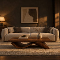 Rectangular coffee table with a flat plank top on a single rolling wave base in a dark living room at golden hour