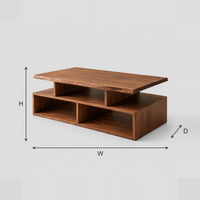 Raised Slab Top Coffee Table With Two Open Cubbies dimension diagram with width, height and depth