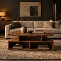 Coffee table with a raised slab top over two open cubbies in a dark living room at golden hour