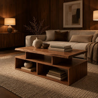 Coffee table with a raised slab top over two open cubbies in an evening living room with walnut wall paneling