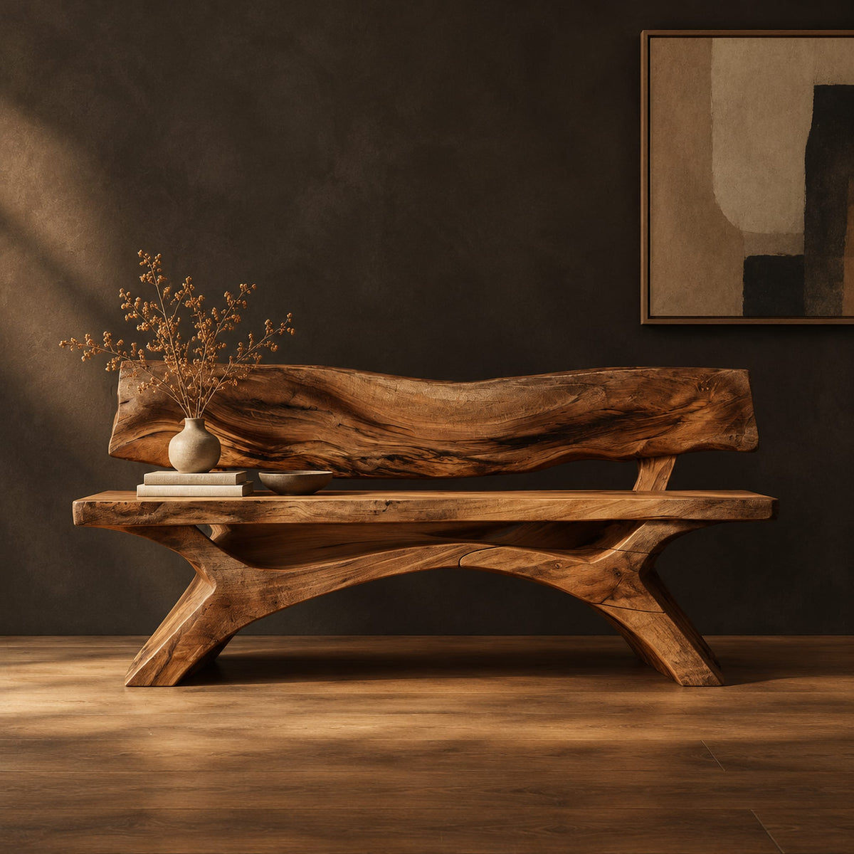 Bench with a live edge slab back, a flat slab seat and arched legs in a dark studio against a charcoal plaster wall