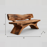 Raw Live Edge Back Bench With Arched Legs And Slab Seat dimension diagram with width, height and depth