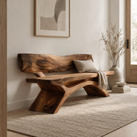 Bench with a live edge slab back, a flat slab seat and arched legs in a Scandinavian entryway with white walls