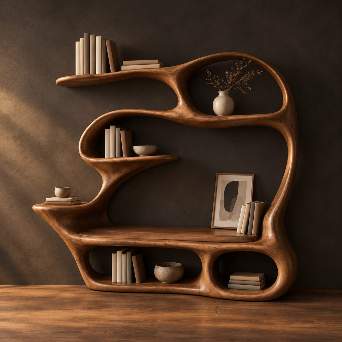 Sculpted bookshelf with a built in reading bench, loop frame and open cubbies in a dark studio against a charcoal plaster wall